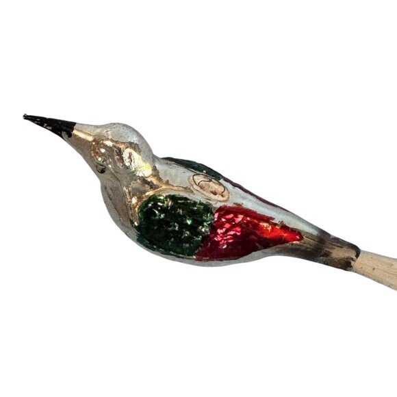 Vintage Blown Mercury Glass Bird Ornament Red Green Silver 4.5" w/tail Germany - Picture 4 of 7
